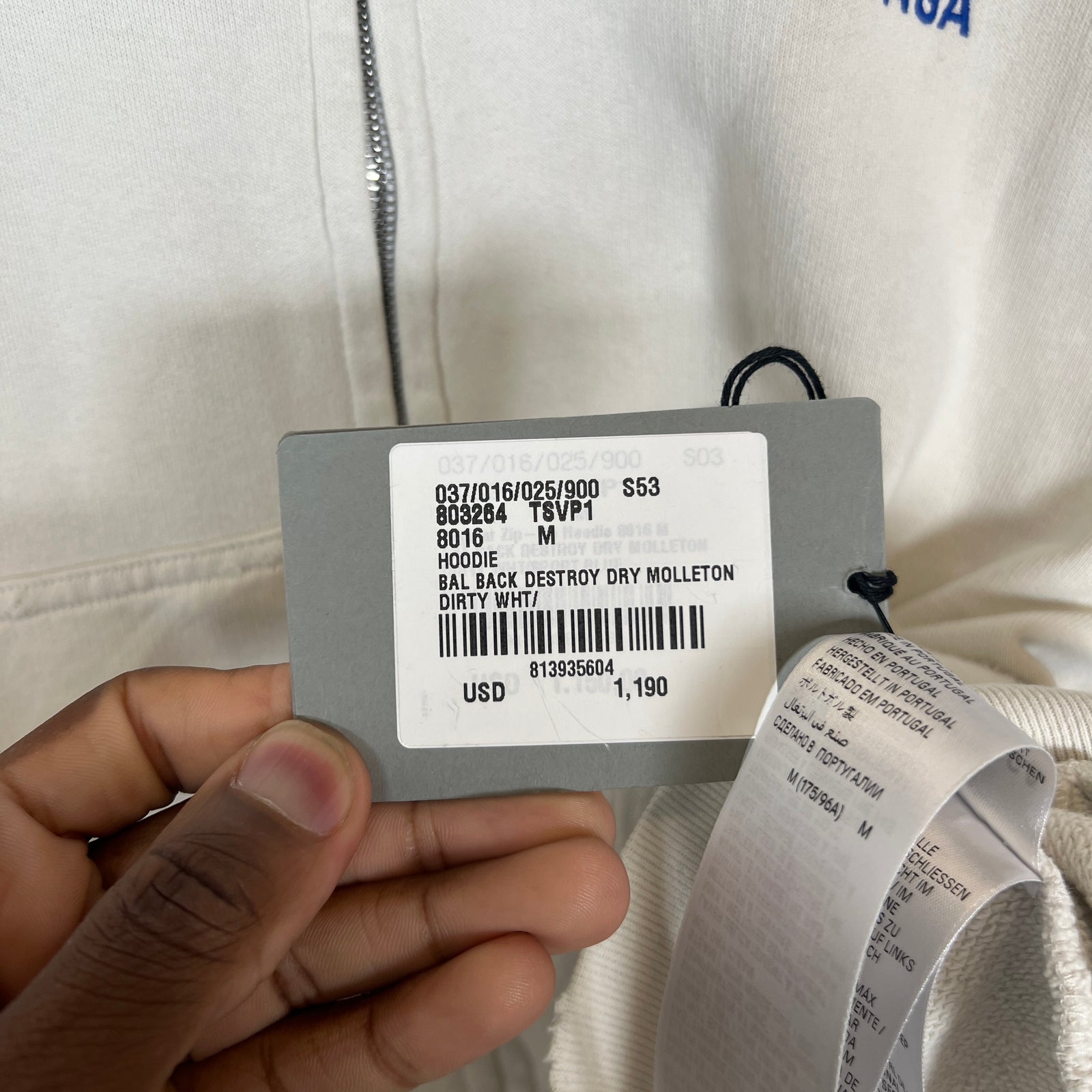 Balenciaga Cream/Blue Back Logo Zip-Up Hoodie Size M