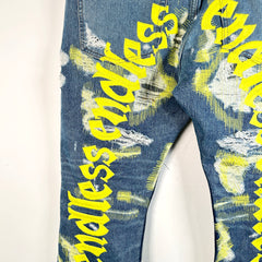 Endless Denim Distressed Scar Stitch Yellow Embroidery Jeans Size 40