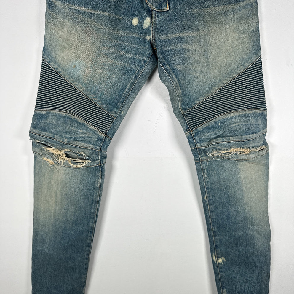 Balmain Distressed Biker Light Wash Jeans