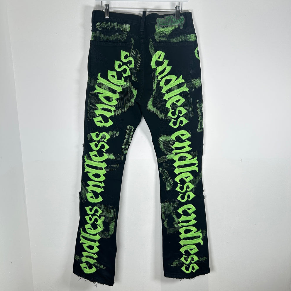 Endless Black/Neon Green Embroidered Denim Jeans Size 32
