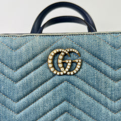 Gucci Washed Denim Pearl GG Marmont Tote Bag