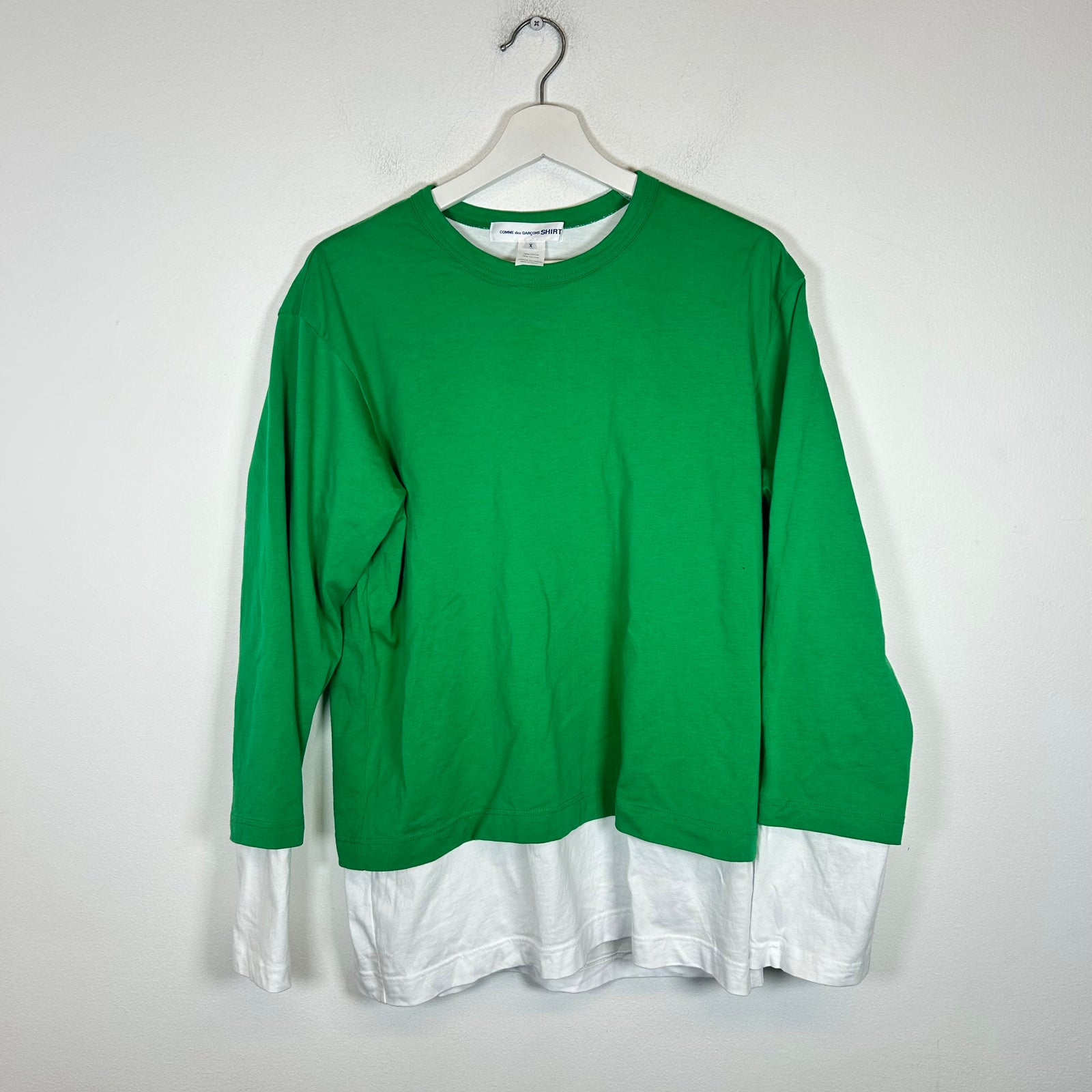CDG Shirt Green/White Double Layer Long Sleeve Size L