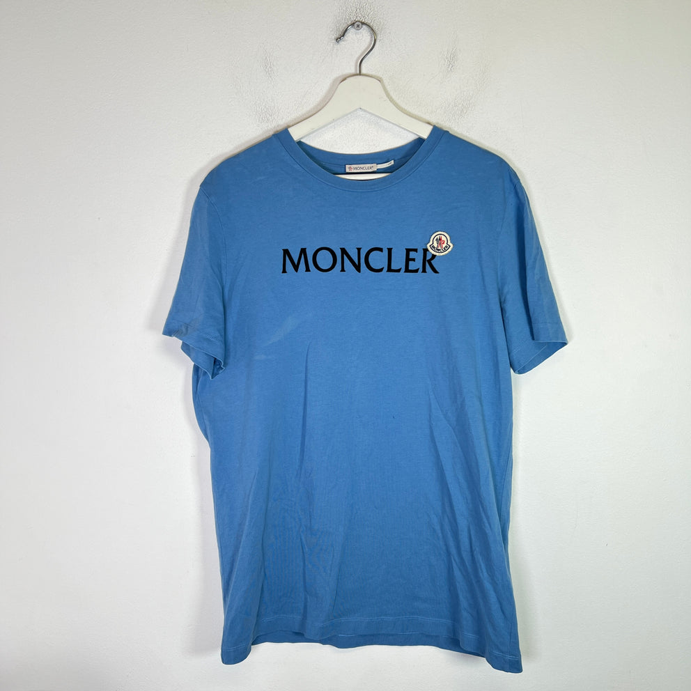 Moncler Blue Spell Out Flocked Logo T-Shirt Size L
