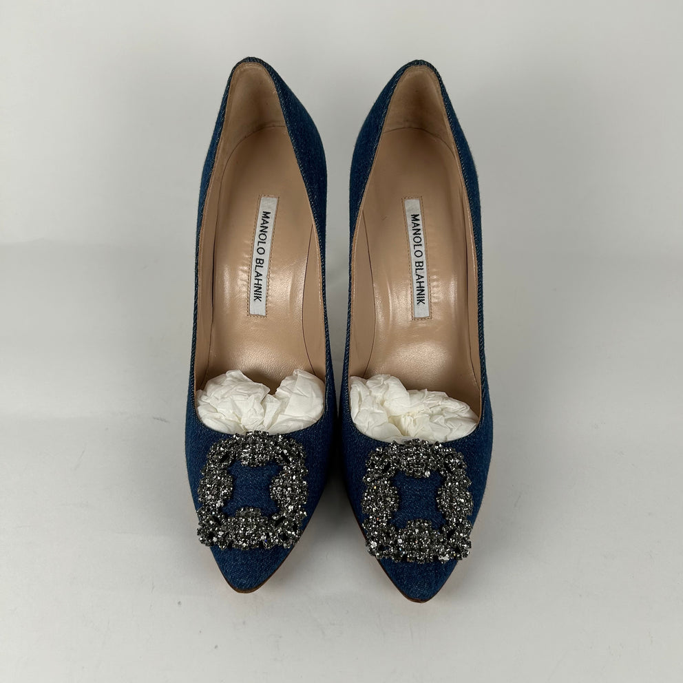 Manolo Blahnik Hangisi Jewel Buckle Denim Pumps Size 37.5