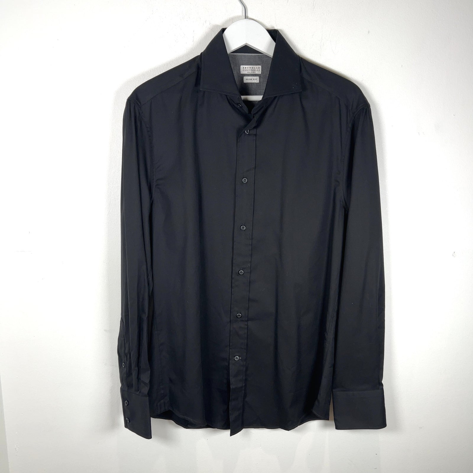 Brunello Cucinelli Spread Collar Slim Fit Black Cotton Shirt