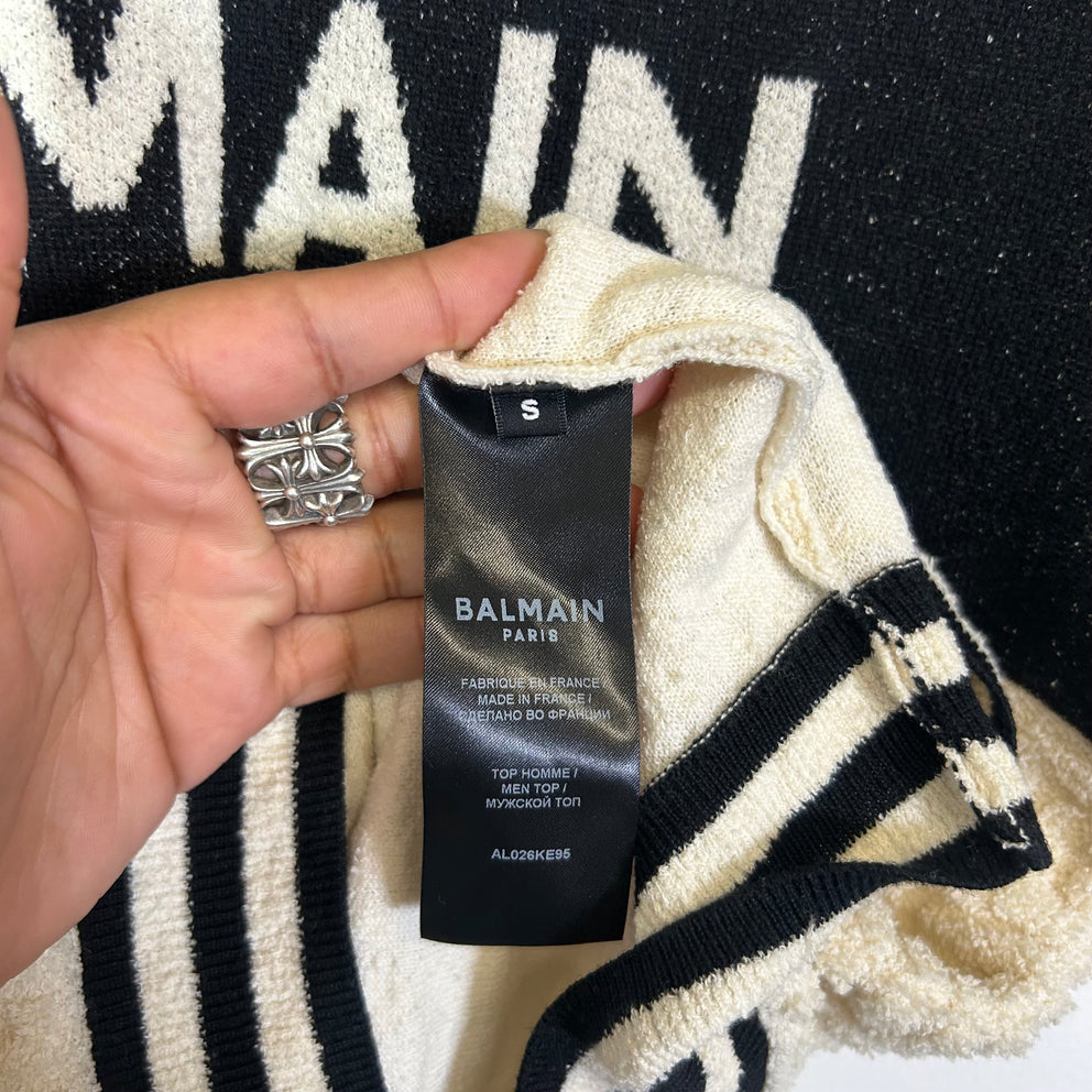 Balmain Cream Intarsia Knit Logo T-Shirt Size S