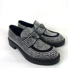 Prada Crystal Embellished Triangle Logo Loafers