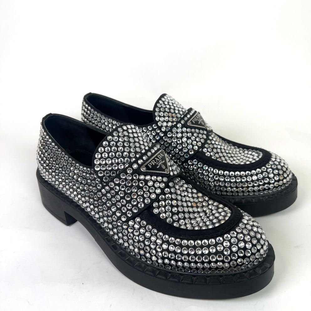 Prada Crystal Embellished Triangle Logo Loafers