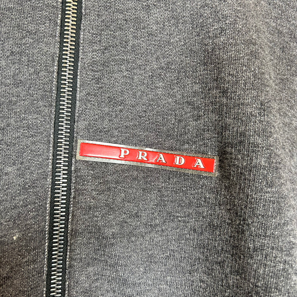 Prada Grey/Red Logo Zip Up Hoodie Size M