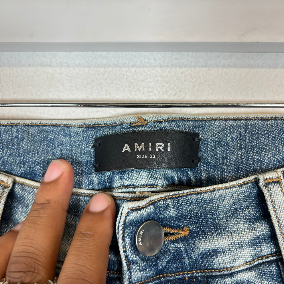 Amiri Lightwash Suede Applique Logo Skinny Jeans Size 32