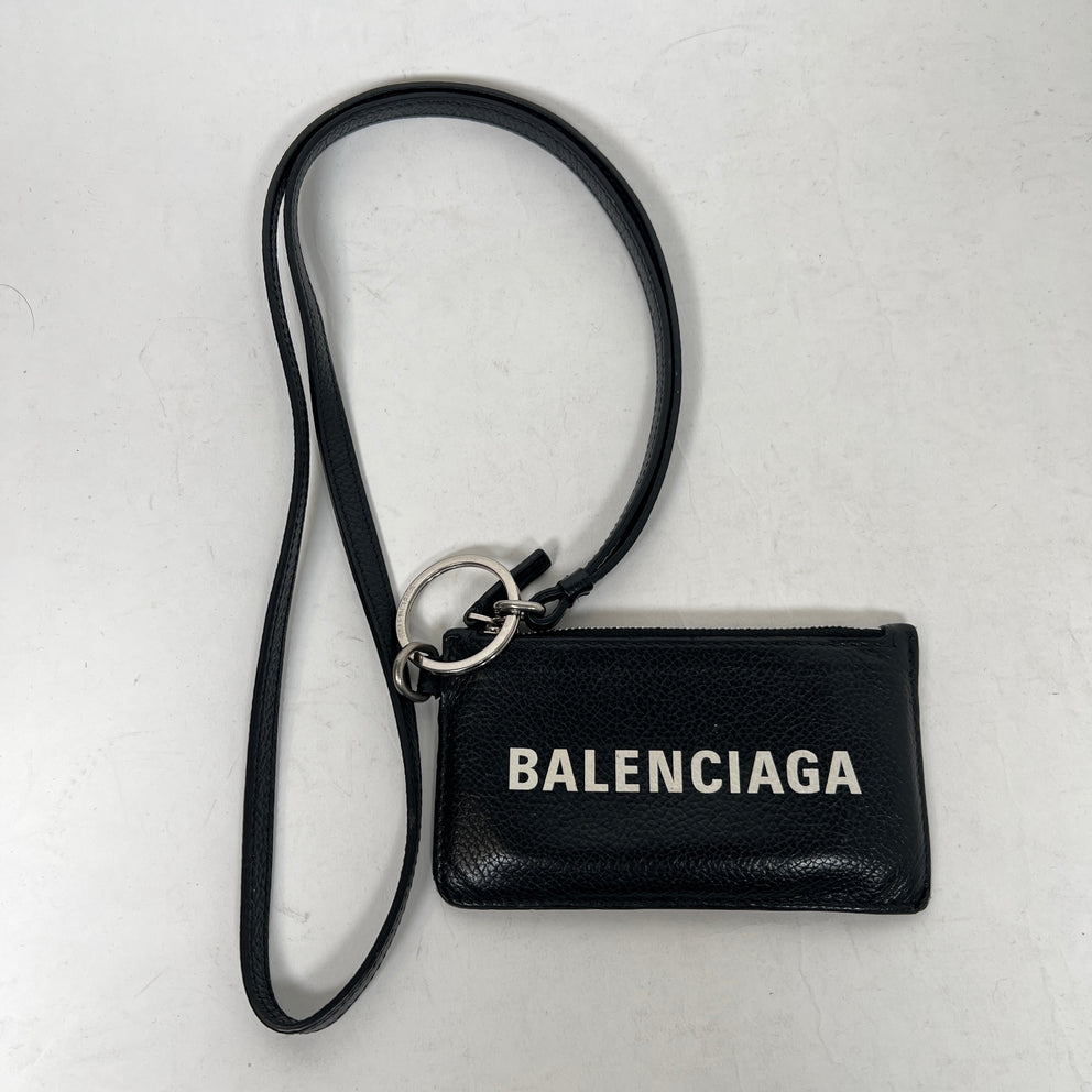 Balenciaga Black Leather Card Holder Lanyard