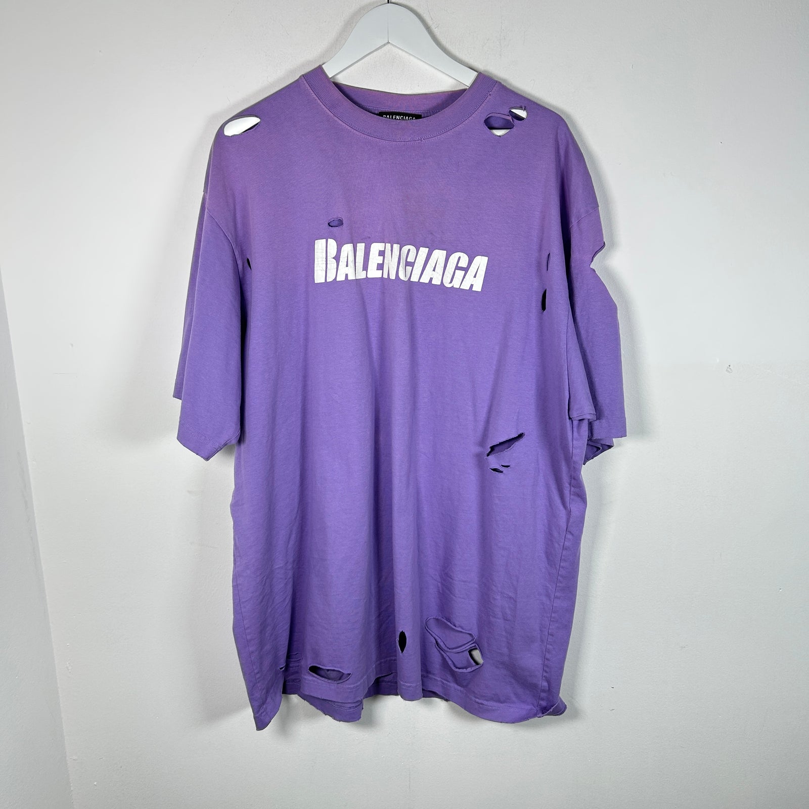 Balenciaga Distressed Logo T-Shirt Purple Size S