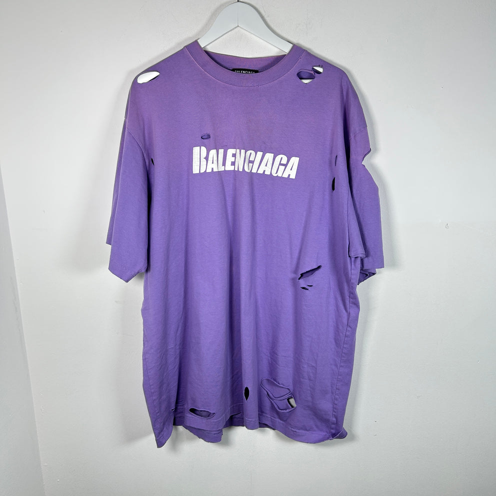 Balenciaga Distressed Logo T-Shirt Purple Size S