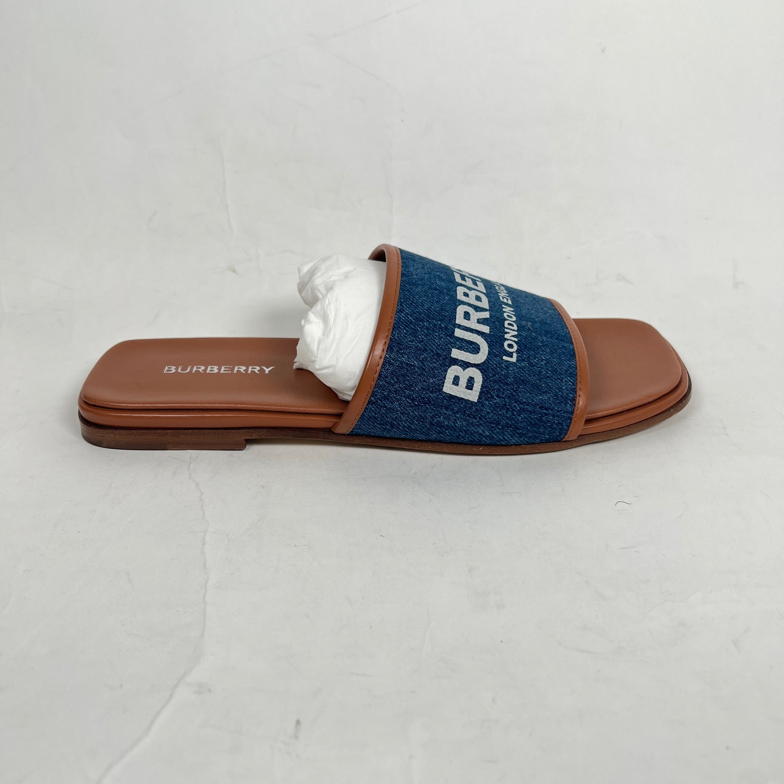 Burberry Blue Denim Carolyn Logo Leather Flats Size 38.5