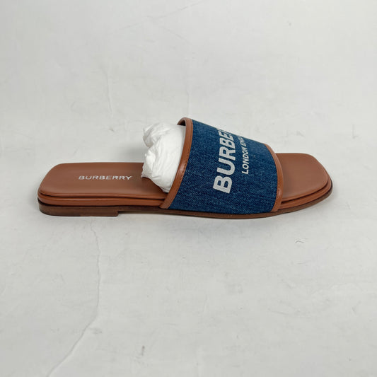 Burberry Blue Denim Carolyn Logo Leather Flats Size 38.5