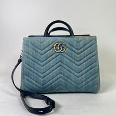 Gucci Washed Denim Pearl GG Marmont Tote Bag