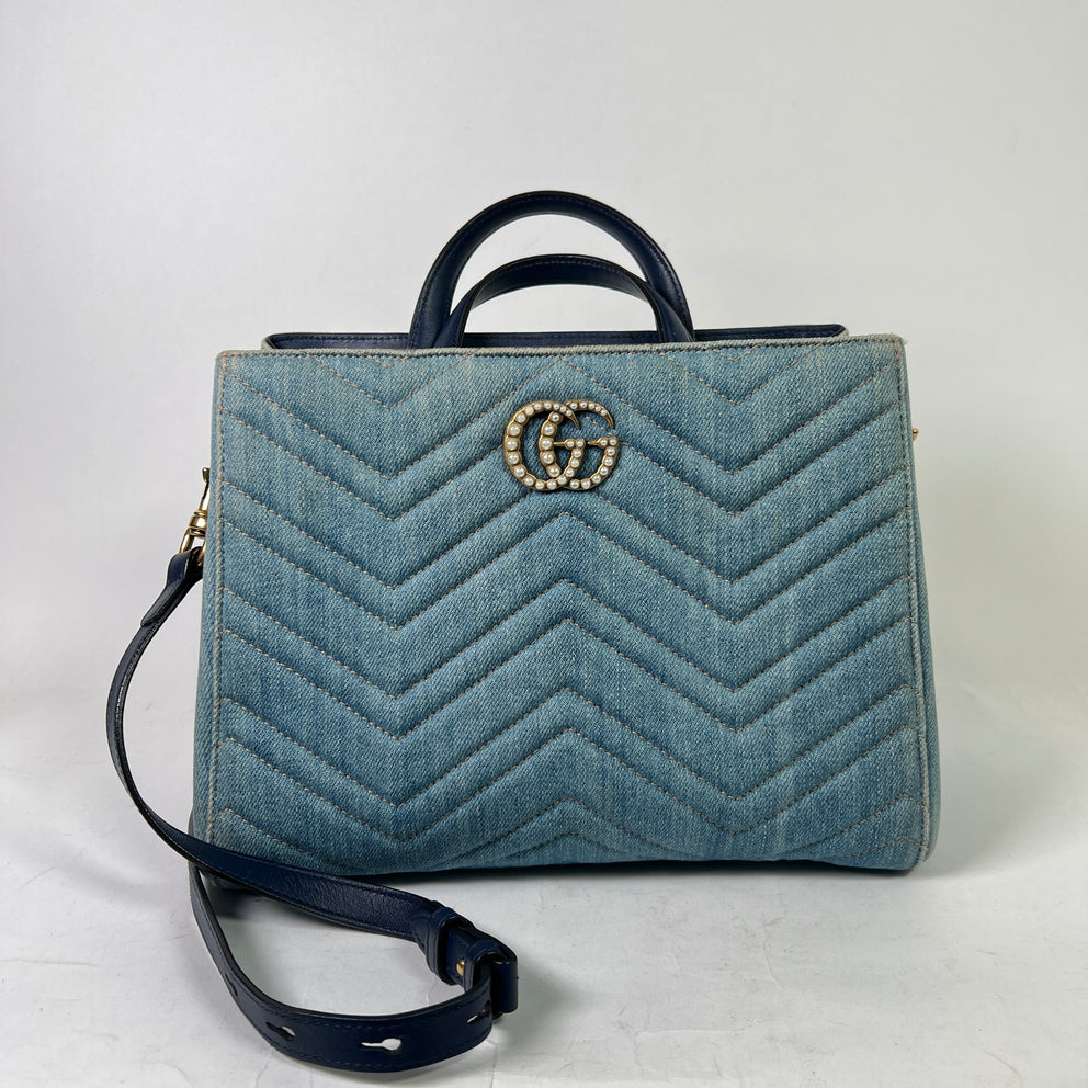Gucci Washed Denim Pearl GG Marmont Tote Bag