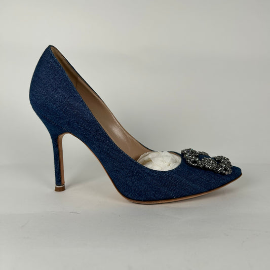 Manolo Blahnik Hangisi Jewel Buckle Denim Pumps Size 37.5