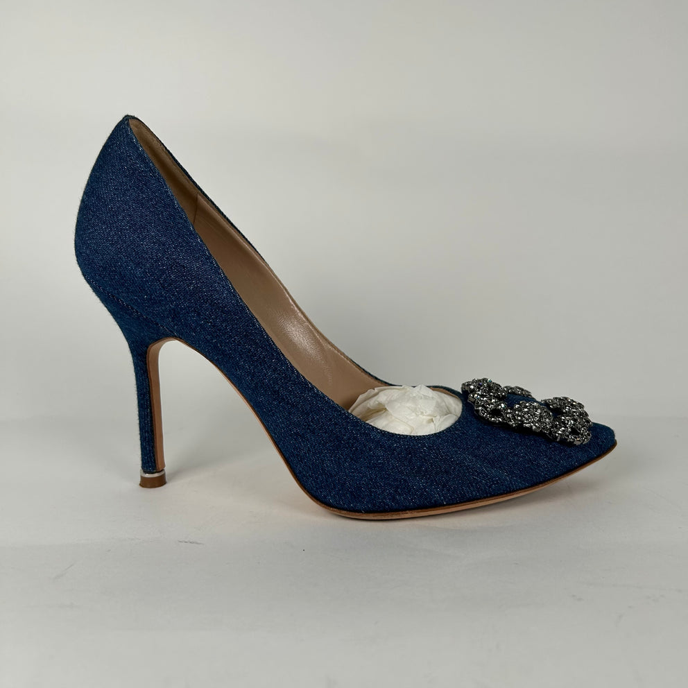Manolo Blahnik Hangisi Jewel Buckle Denim Pumps Size 37.5