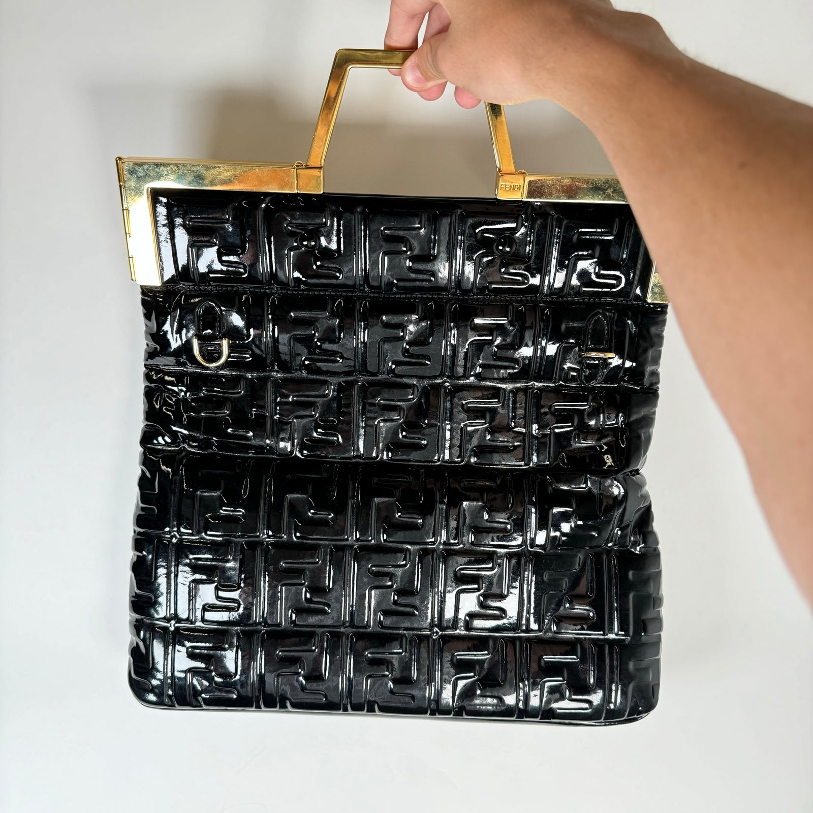 Fendi Black FF Embossed Patent Leather Shopper Tote