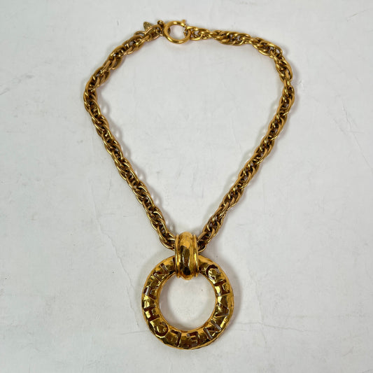 Chanel Vintage Gold Plated Cutout Logo Medallion Pendent Necklace