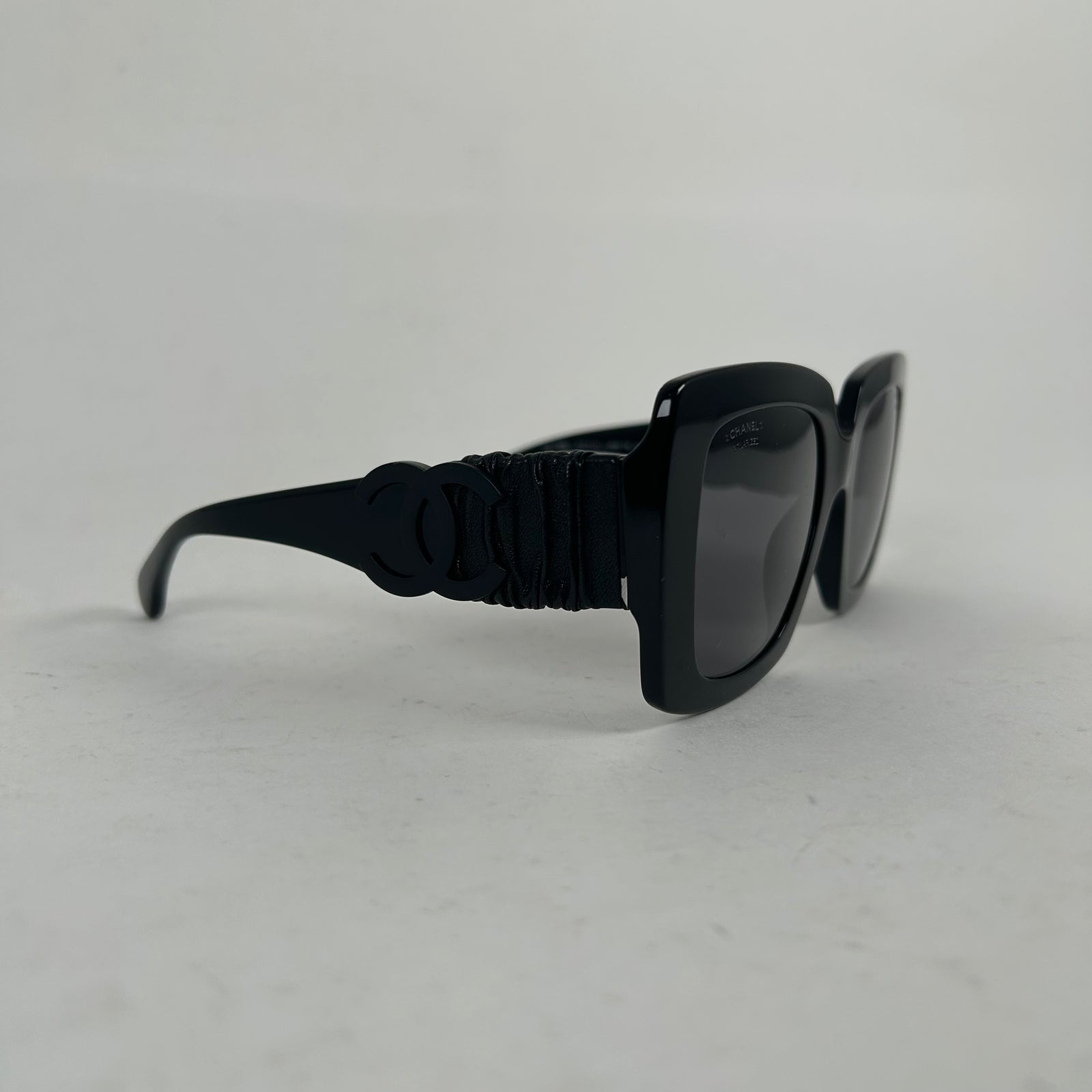 Chanel Black Acetate Calfskin Polarized Square Sunglasses