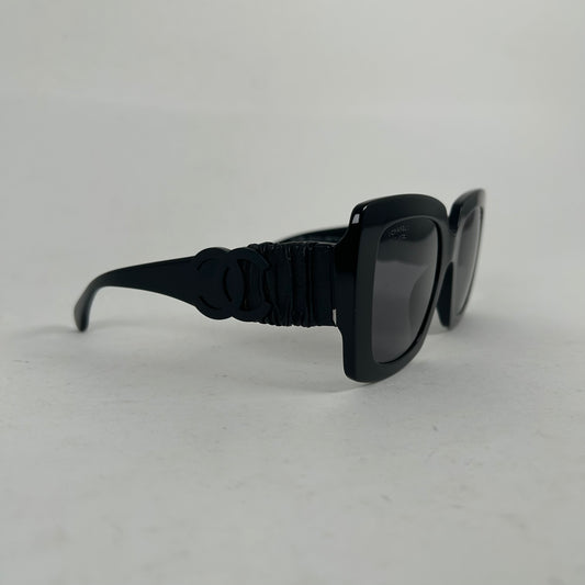 Chanel Black Acetate Calfskin Polarized Square Sunglasses