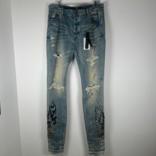 Amiri Lightwash Bandana Flame Jeans Size 38