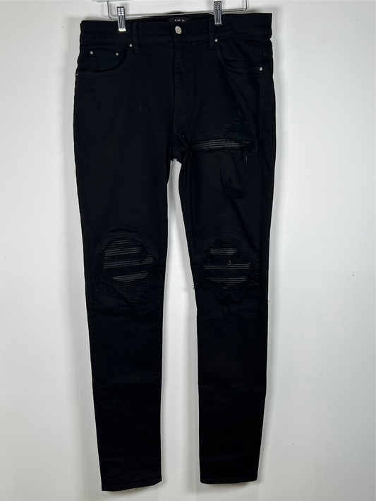 Amiri MX1 Black Leather Patch Jeans Size 34