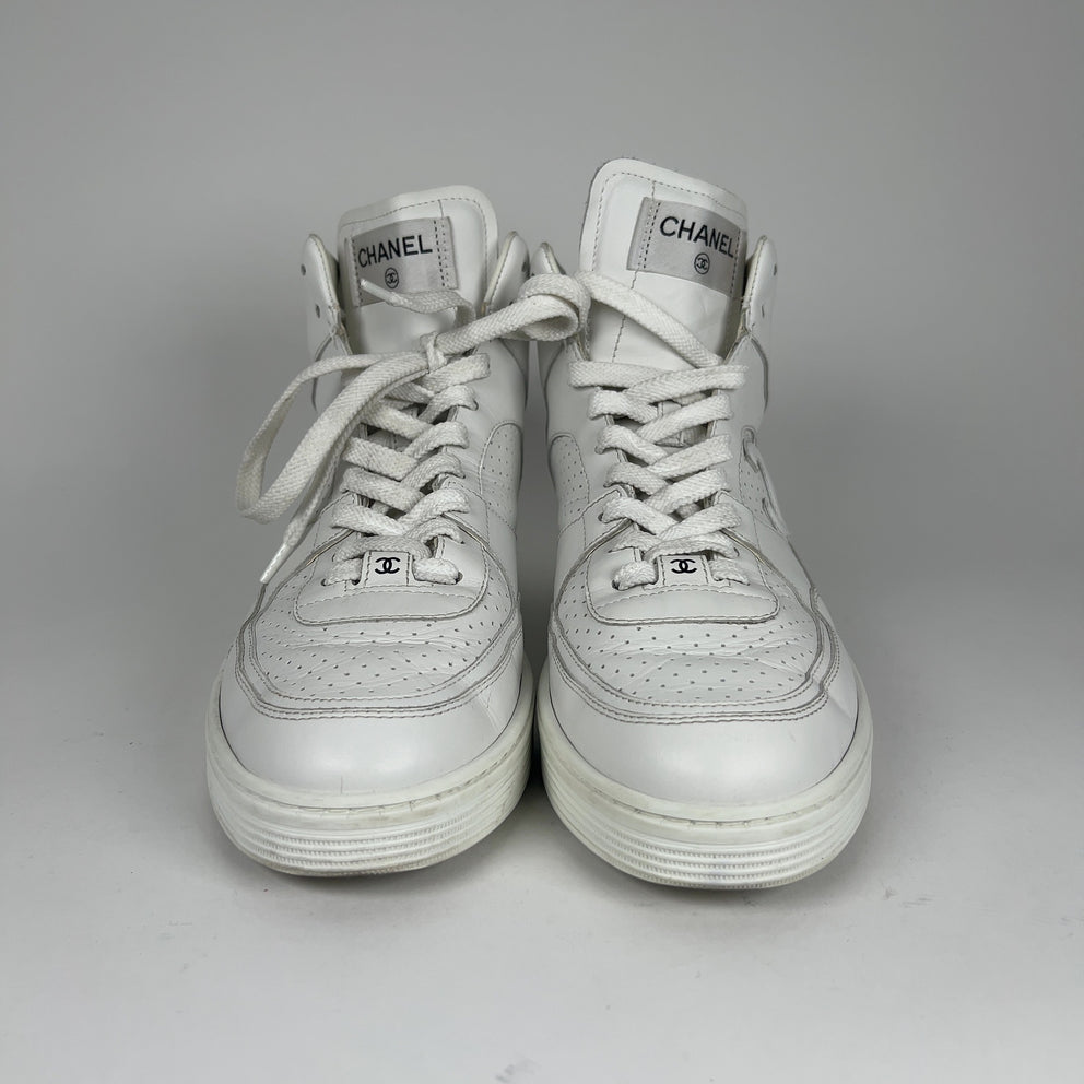 Chanel CC Triple White Hightop Sneakers