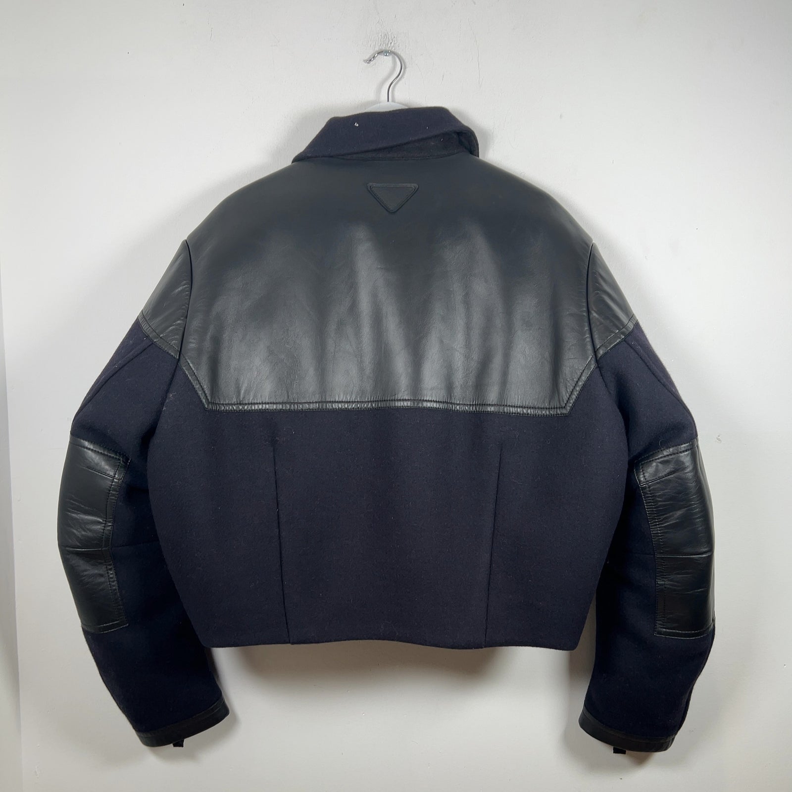 Prada Paneled Wool Down Lined Cropped Bomber Jacket