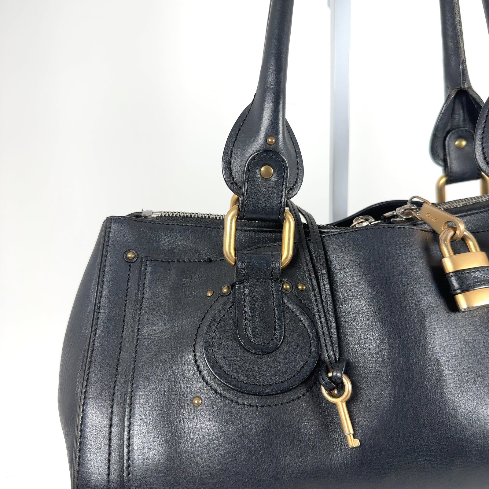 Chloe Paddington Black Leather Gold Accent Shoulder Bag