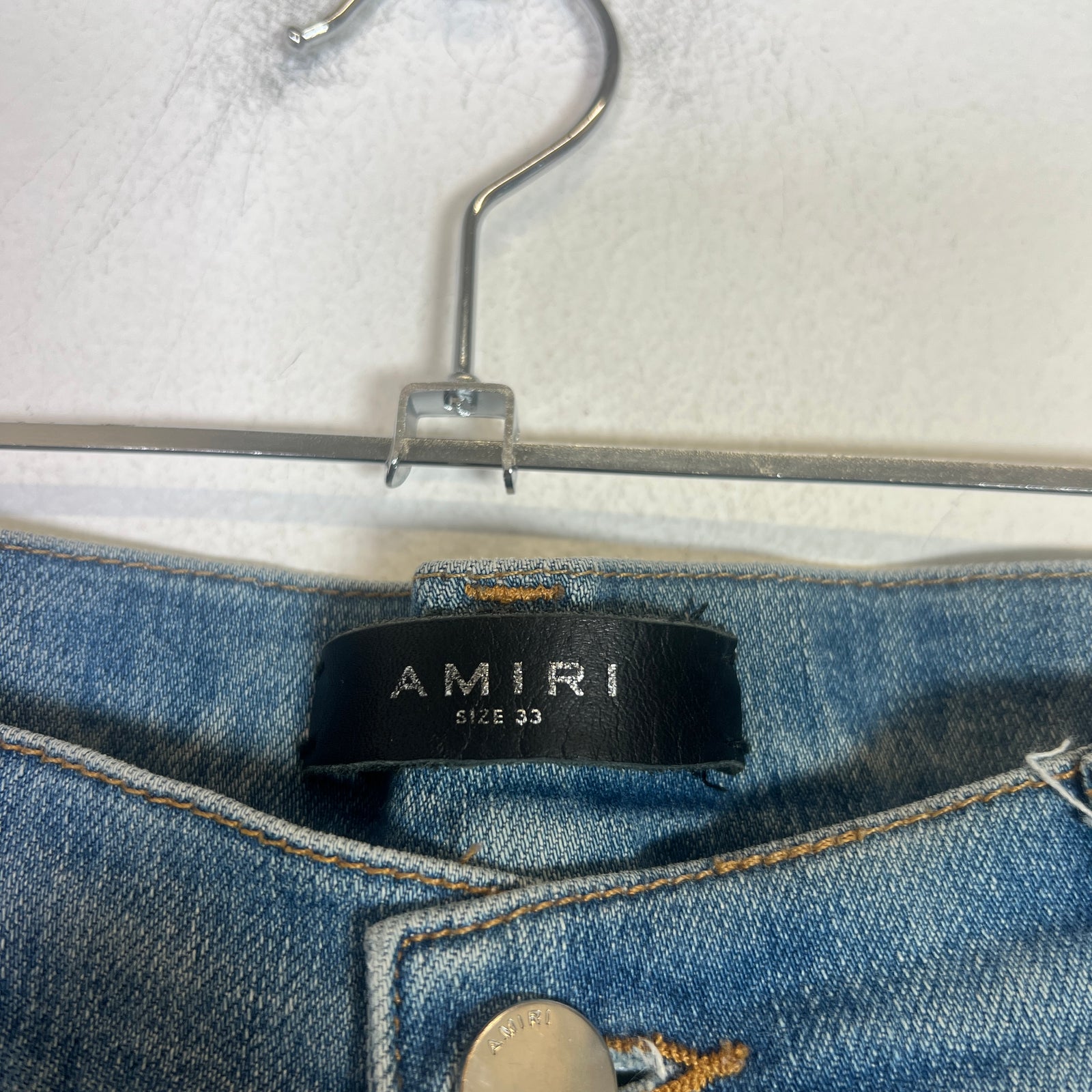 Amiri Clay Indigo Leather Stitch Logo Jeans Size 33