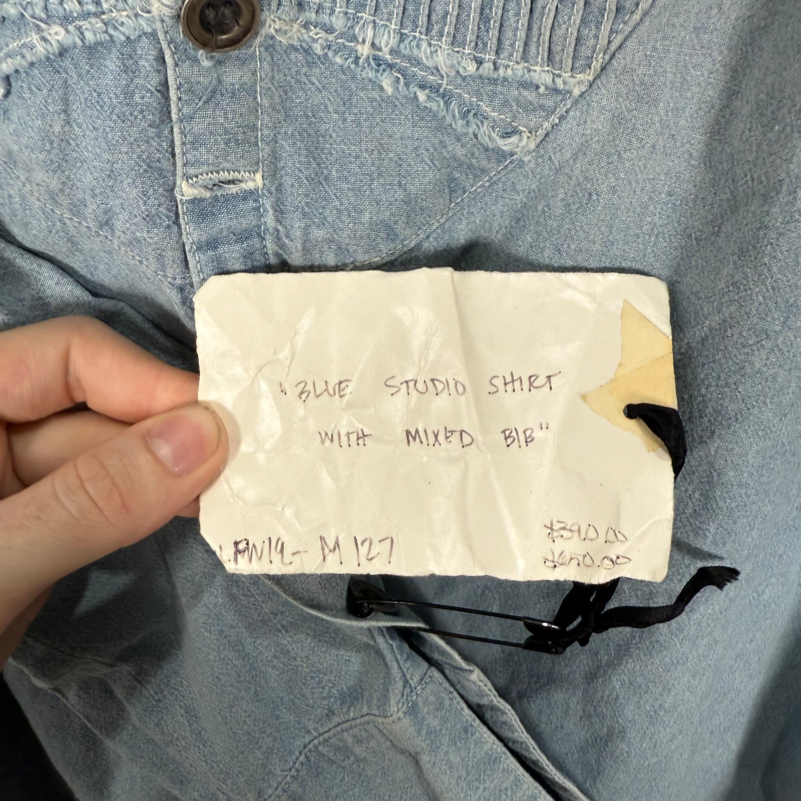 Greg Lauren 'Blue Stuidio Shirt With Mixed Bib' Button Up Shirt Size L