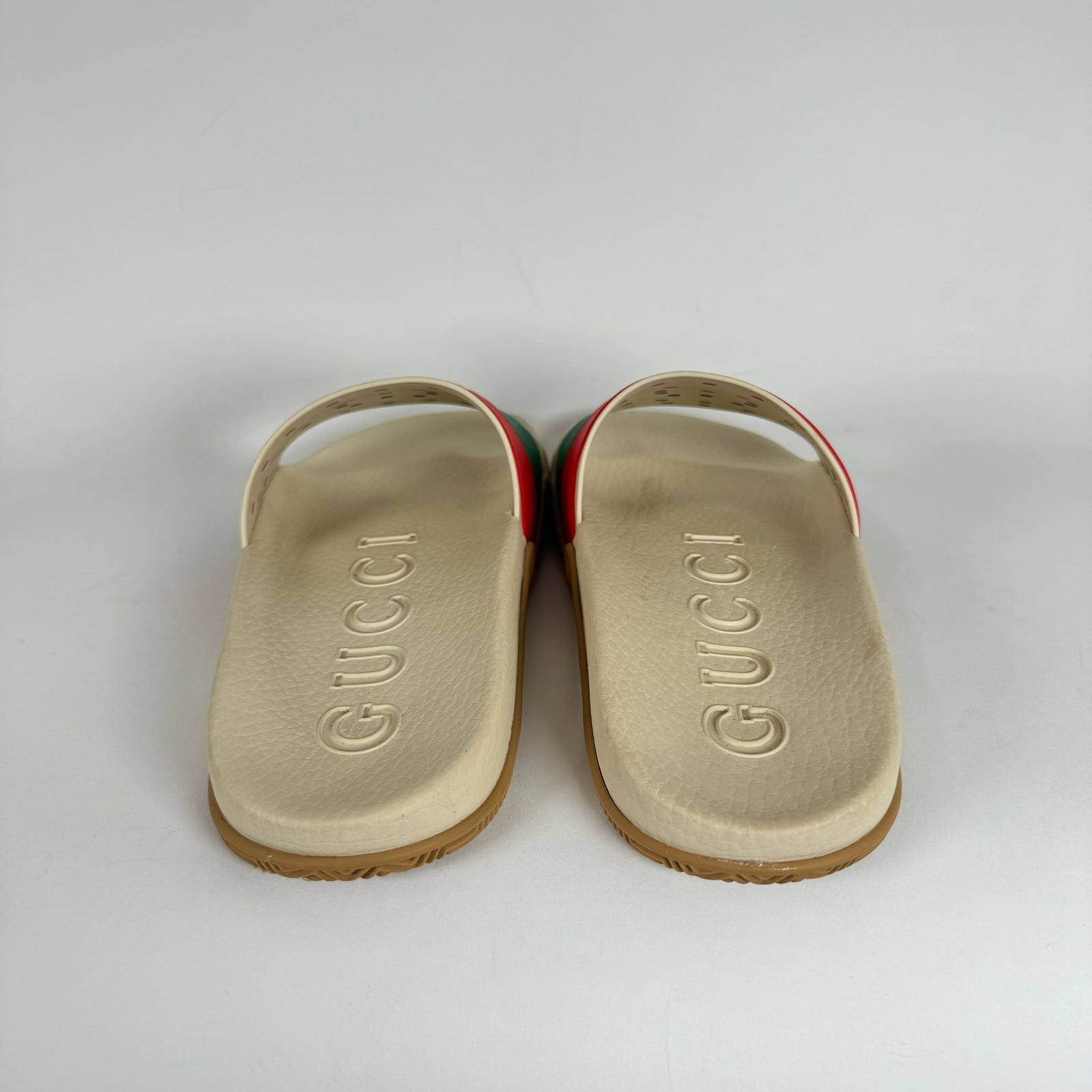 Gucci Beige Interlocking GG Stripe Slides Size 39