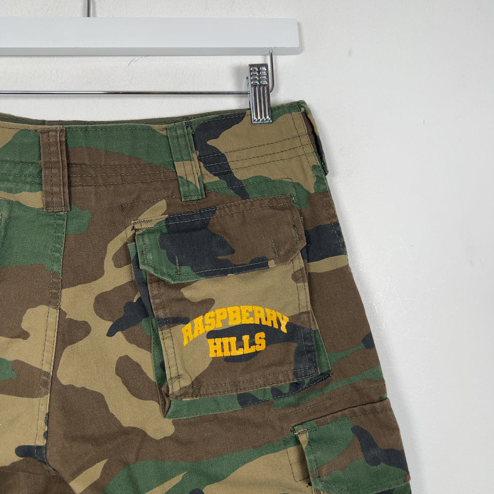 Raspberry Hills Spell Out Logo Camo Shorts