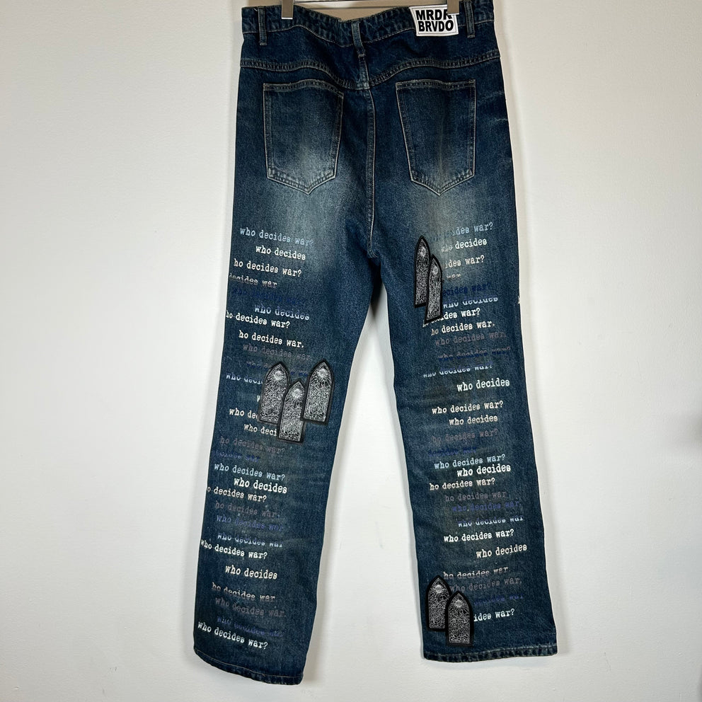 Who Decides War Blue Scripture Embroidered Jeans Size 38