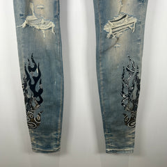Amiri Lightwash Bandana Flame Jeans Size 38