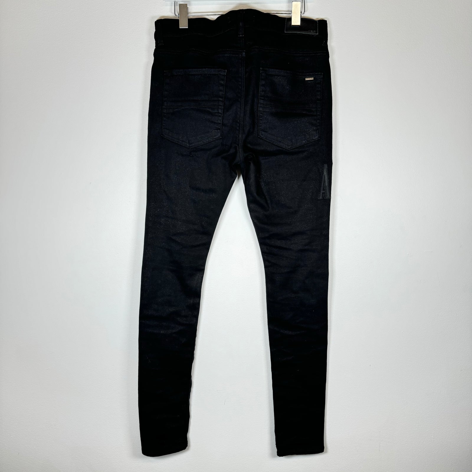 Amiri Black MX1 Embroidered Leather Logo Denim Jeans Size 33