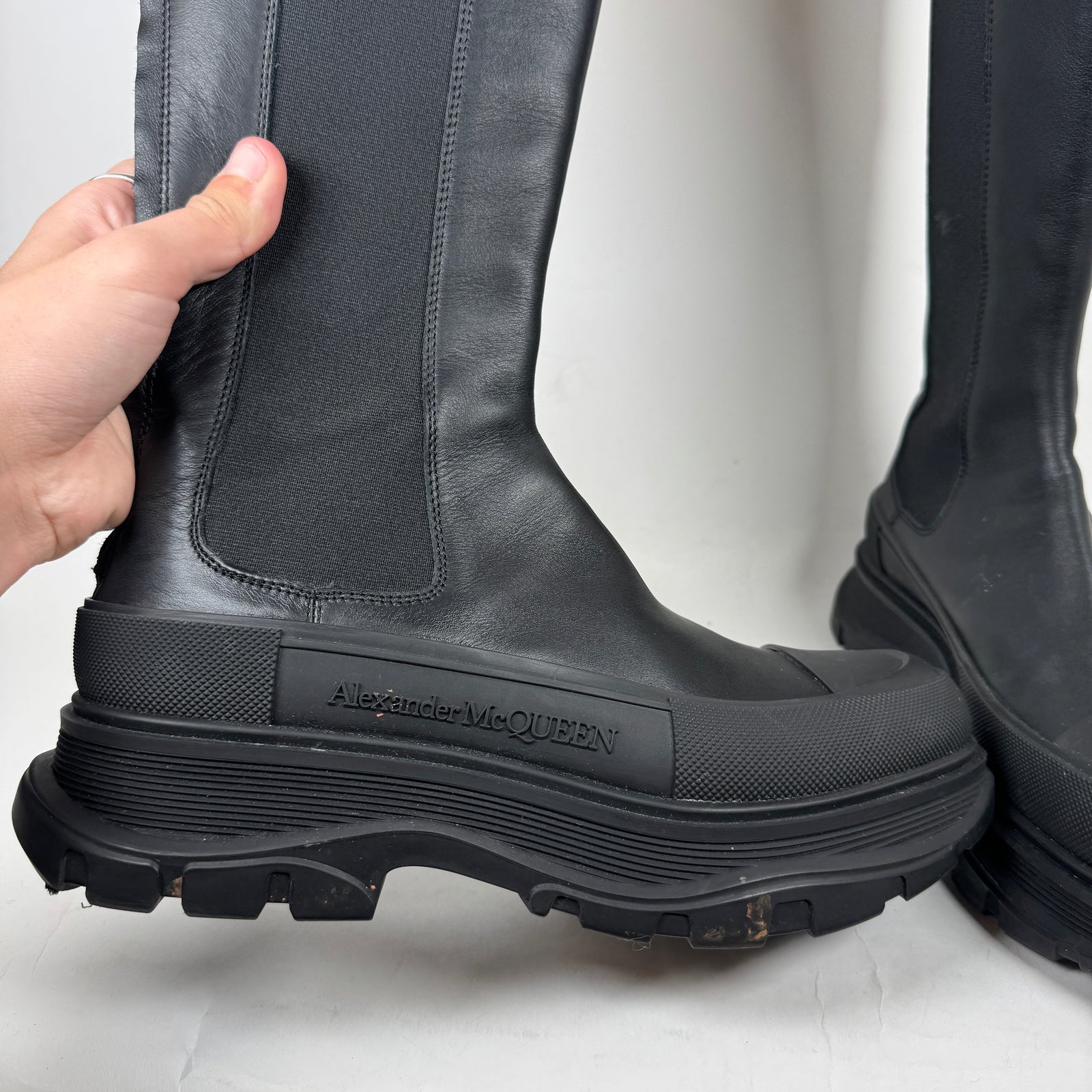 Alexander McQueen Black Knee High Tread Slick Boots Size 42