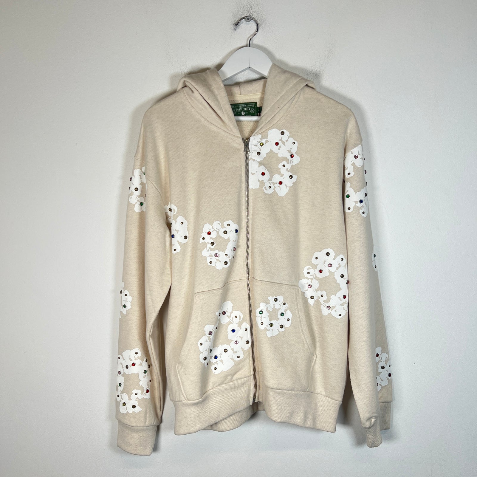 Denim Tears Oatmeal Rhinestone Wreath Zip-Up Hoodie Size XXL