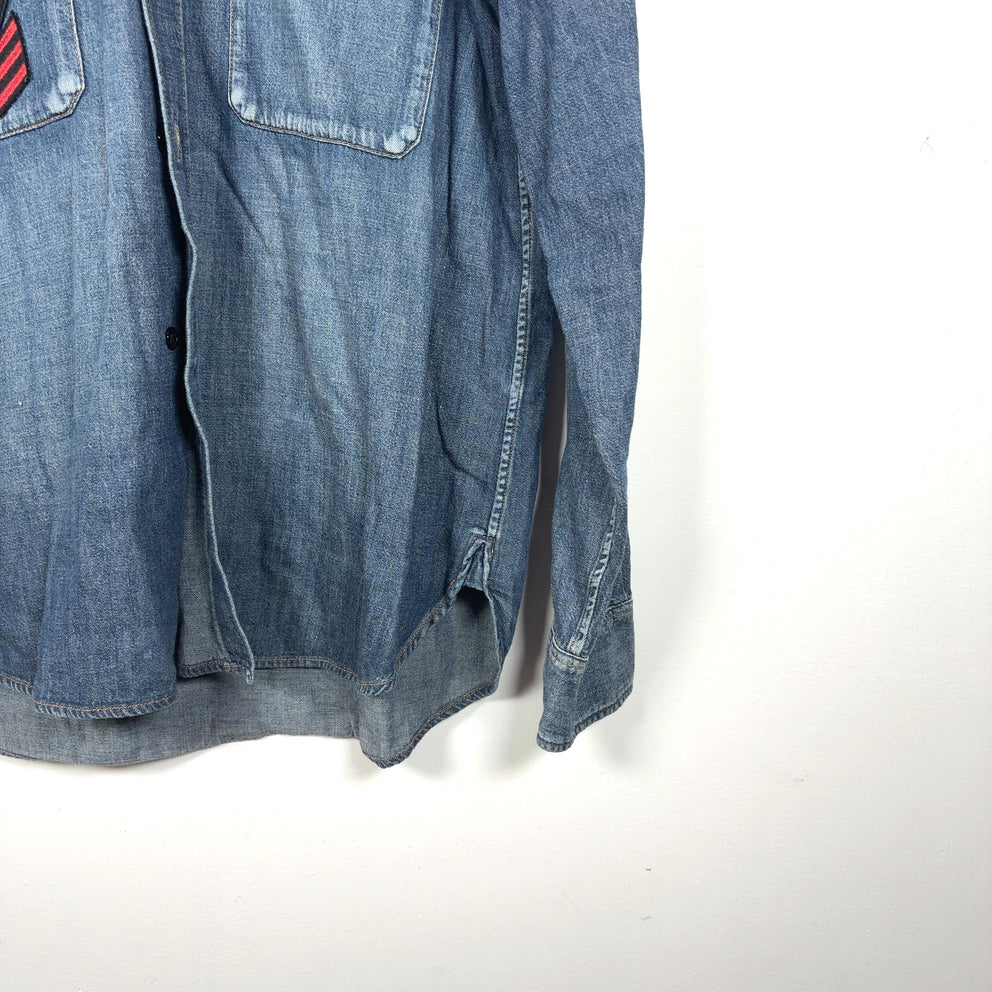 Saint Laurent FW17 Military Logo Patch Denim Button-Up T-Shirt