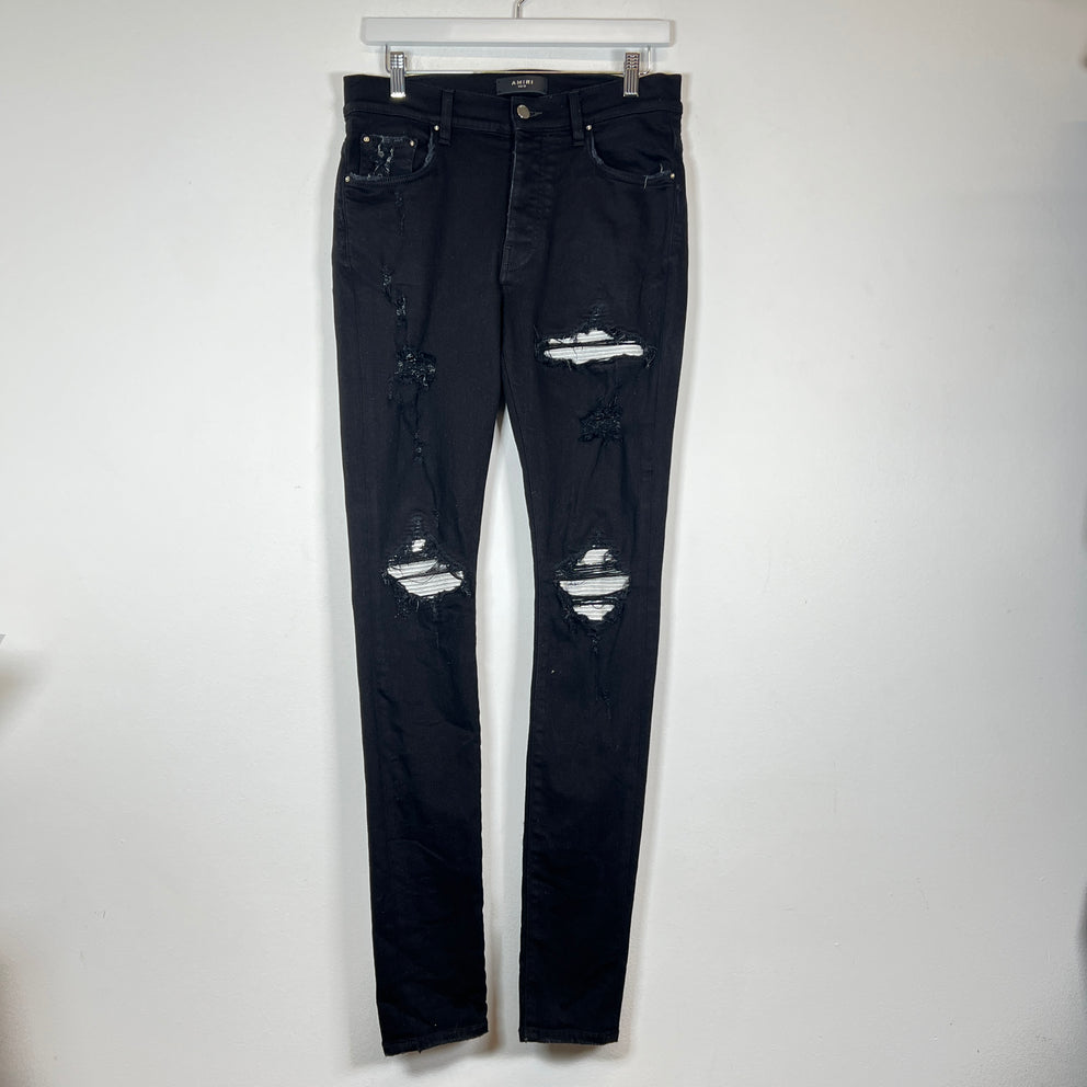 Amiri MX1 Black Metallic Silver Patch Skinny Jeans Size 32