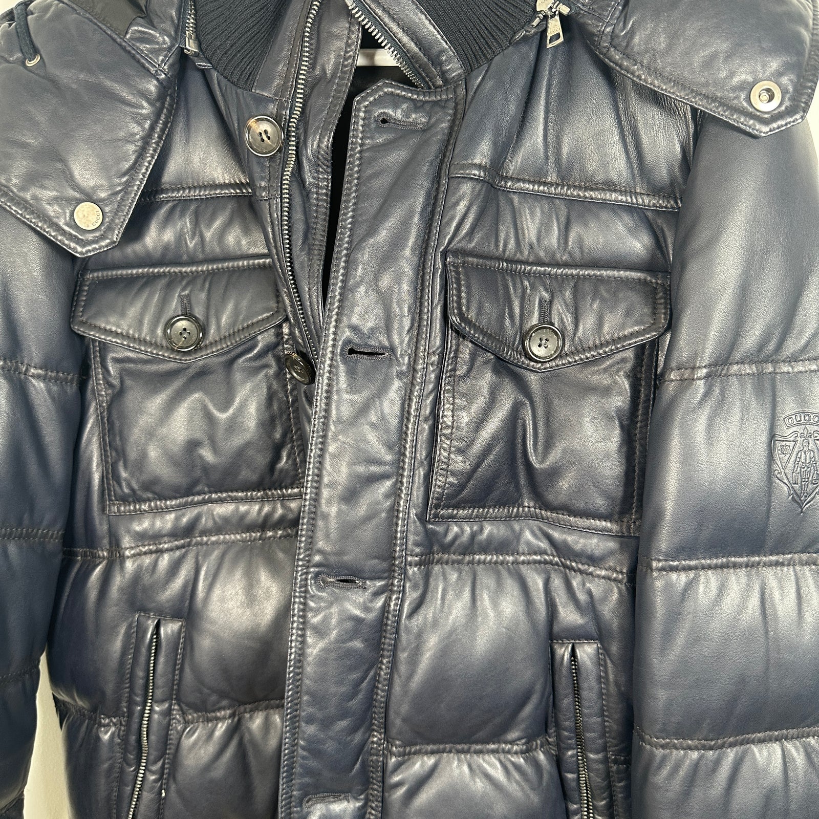 Gucci Vintage Navy Leather Puffer Jacket Size L