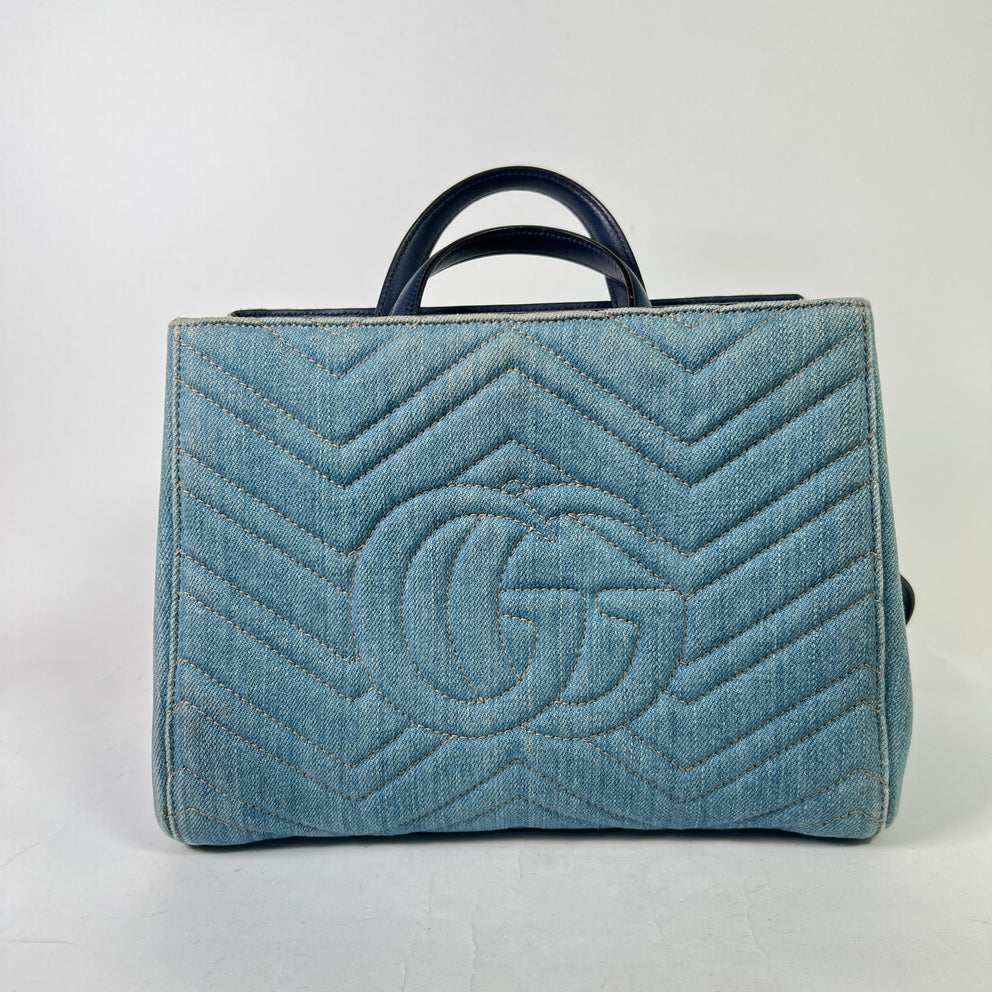 Gucci Washed Denim Pearl GG Marmont Tote Bag