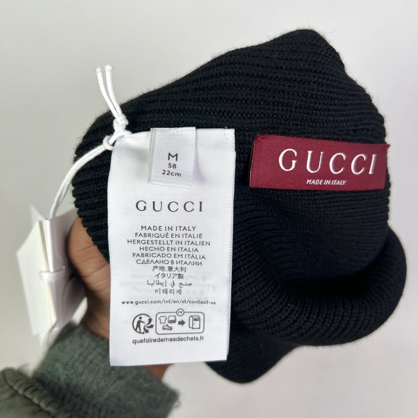 Gucci Black Web Stripe Wool Ribbed Beanie