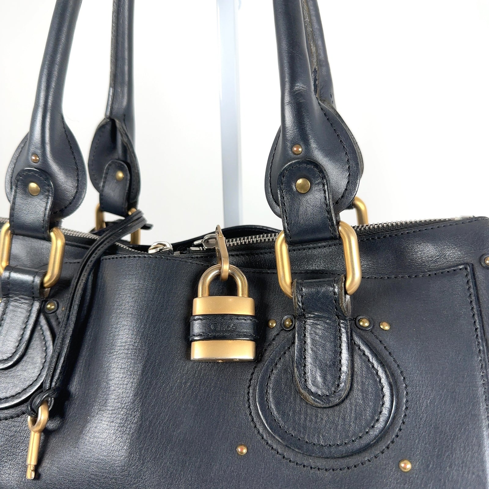 Chloe Paddington Black Leather Gold Accent Shoulder Bag