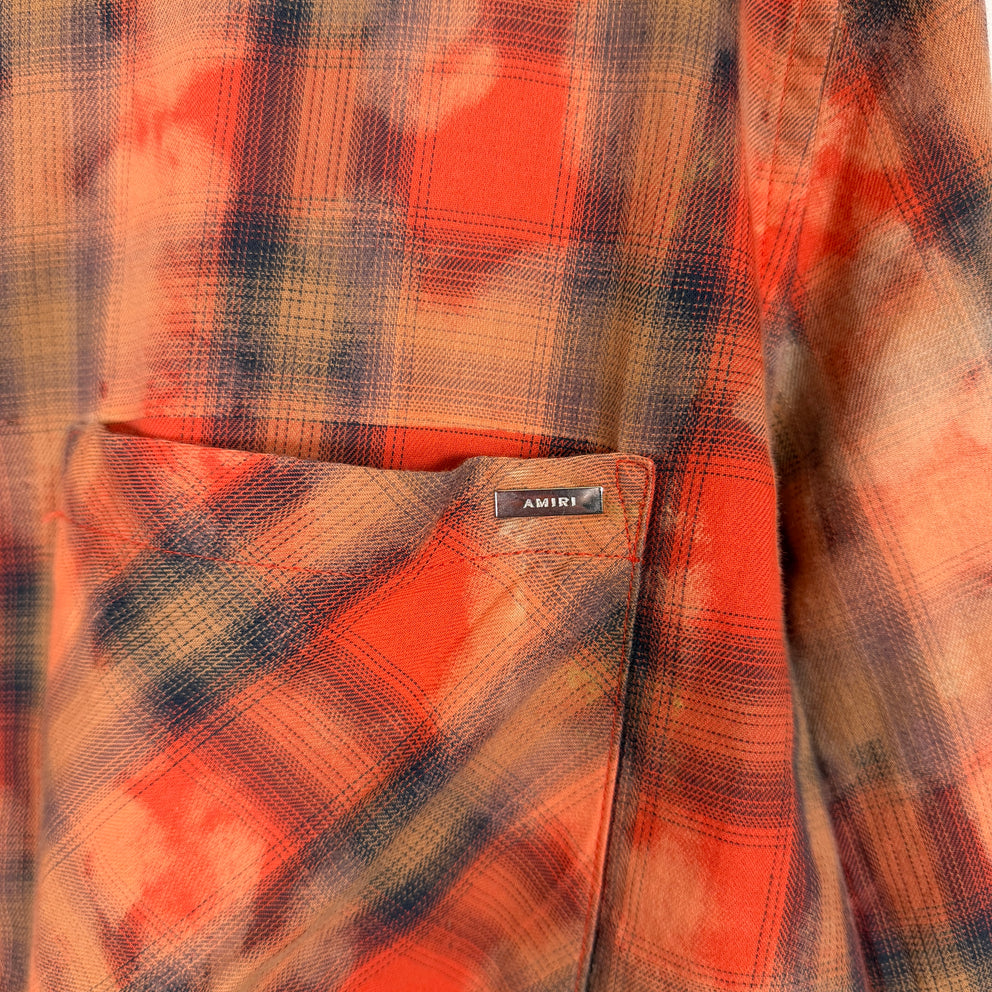 Amiri Orange Bleached Distressed Logo Flannel Shirt Size L