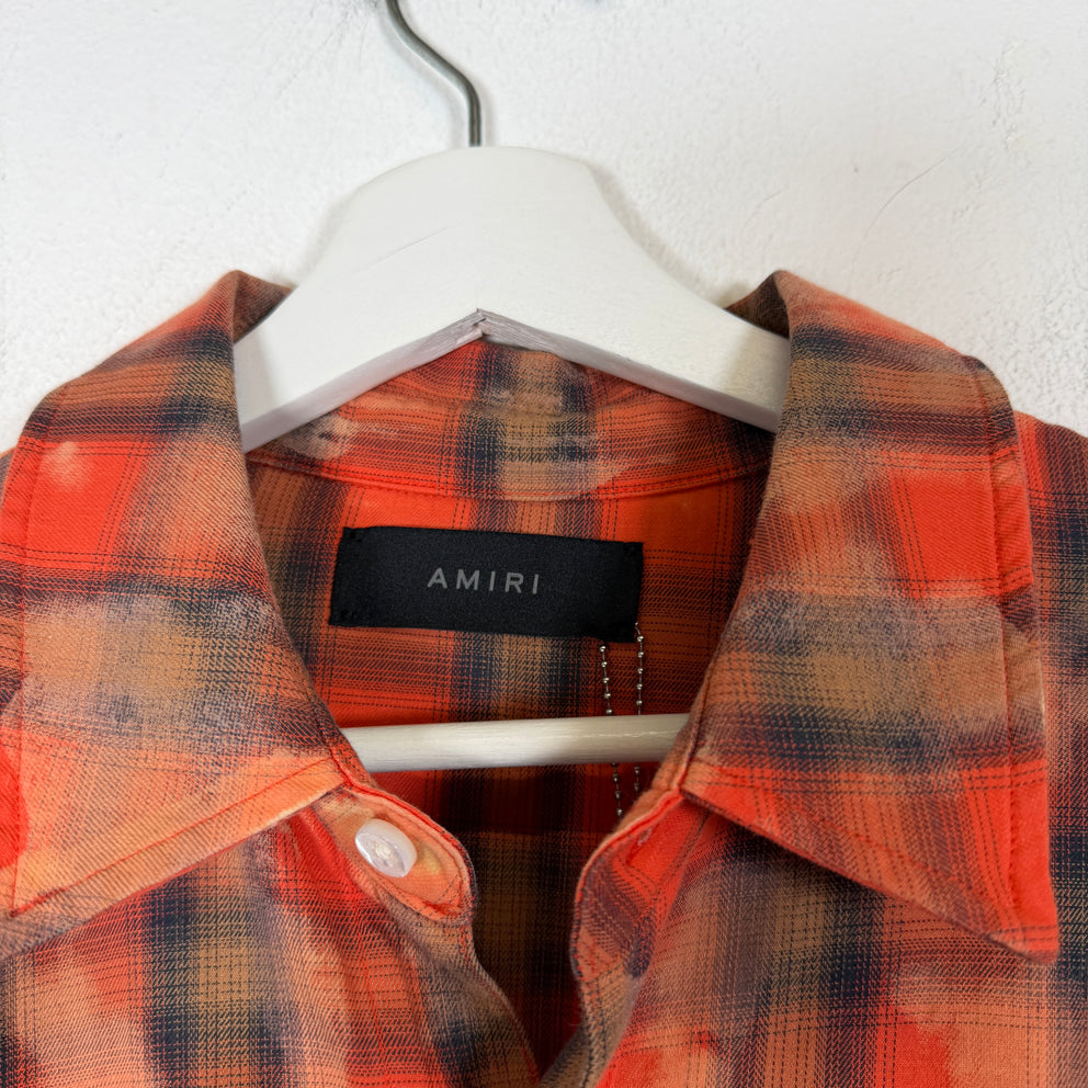 Amiri Orange Bleached Distressed Logo Flannel Shirt Size L