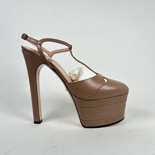 Gucci Beige Leather Malaga Kid Angel T-Strap Platform Pumps Size 40